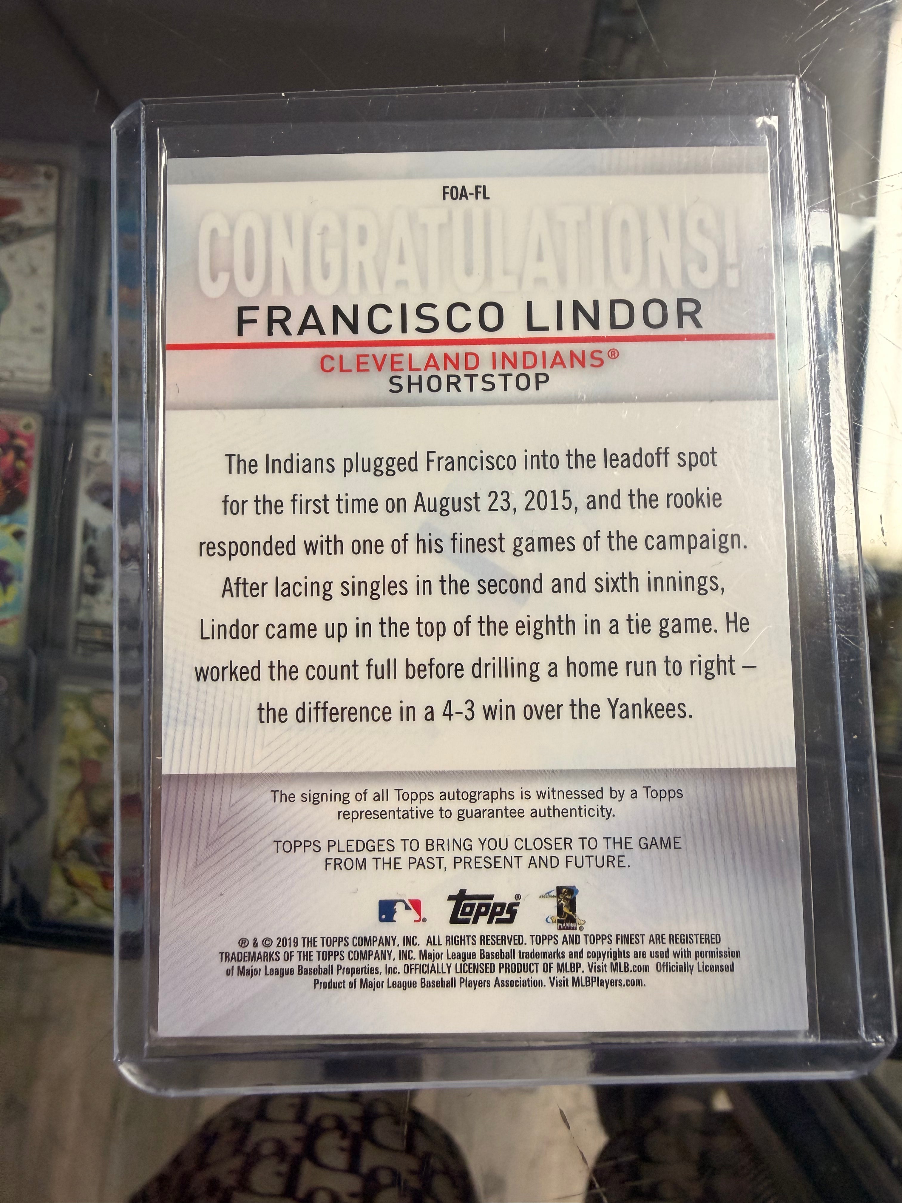 2019 Topps Finest Francisco Lindor Orange Refractor Autograph #FOA-FL /25